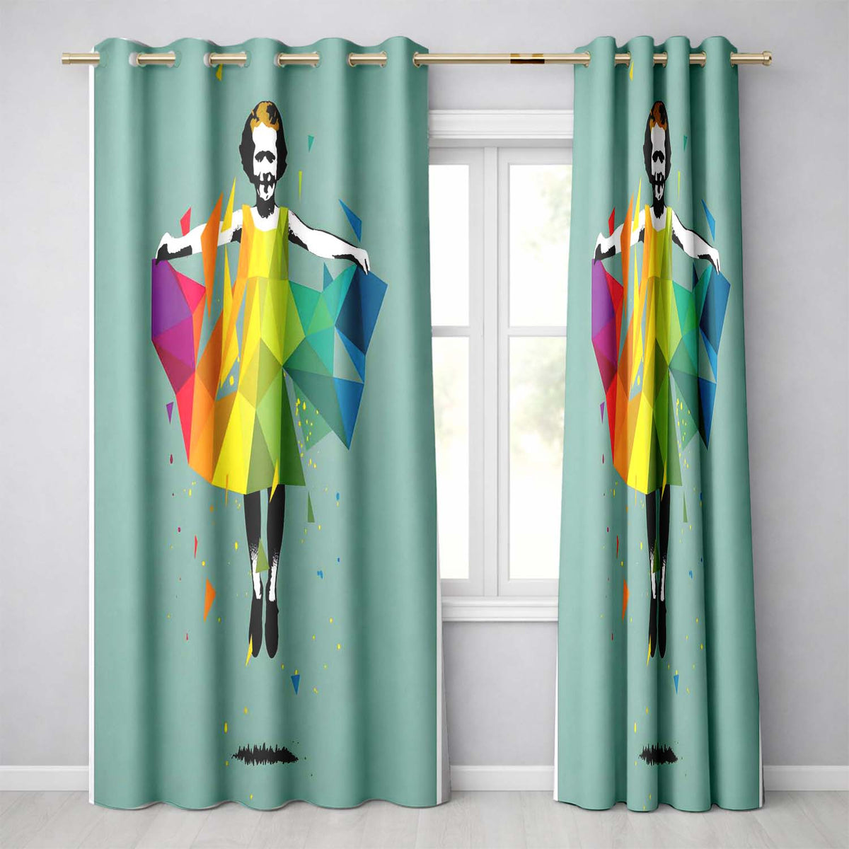 Colourful Geometric Dancer Mint Green Abstract Pop Art Unique Artistic Home Decor Readymade Eyelet Ring Top Thermal 100% Blackout Curtains