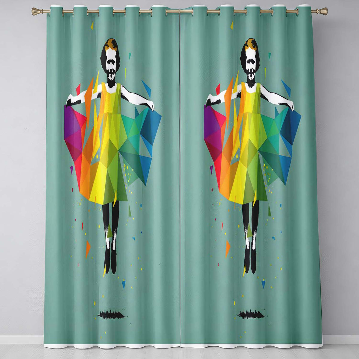 Colourful Geometric Dancer Mint Green Abstract Pop Art Unique Artistic Home Decor Readymade Eyelet Ring Top Thermal 100% Blackout Curtains