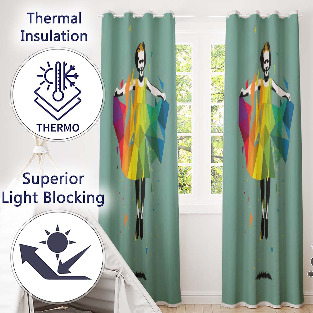 Colourful Geometric Dancer Mint Green Abstract Pop Art Unique Artistic Home Decor Readymade Eyelet Ring Top Thermal 100% Blackout Curtains