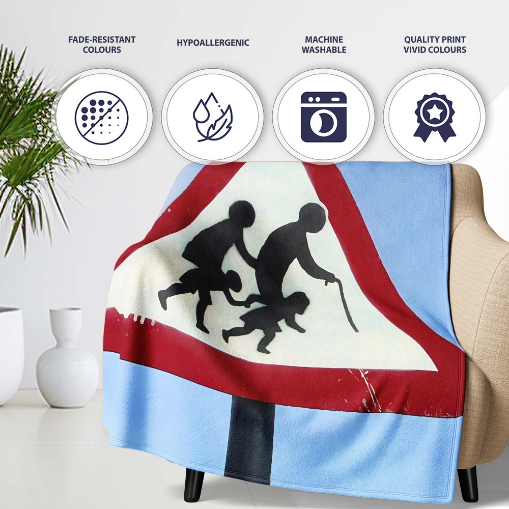 Family Silhouette Red Triangle Road Sign Art, Comfortable Everyday Use, Stylish Room Decoration - Super Soft Fleece Blanket Bed Sofa Throw