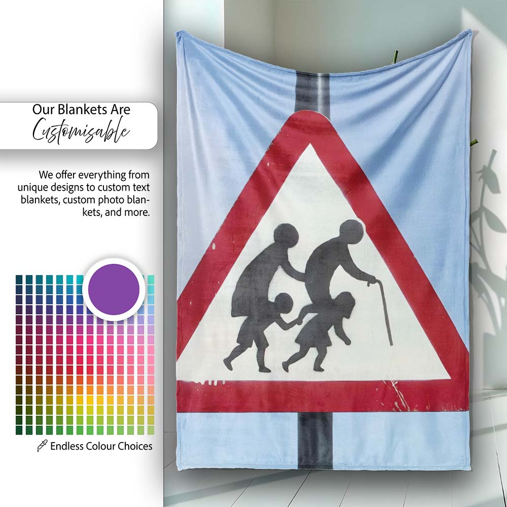 Family Silhouette Red Triangle Road Sign Art, Comfortable Everyday Use, Stylish Room Decoration - Super Soft Fleece Blanket Bed Sofa Throw