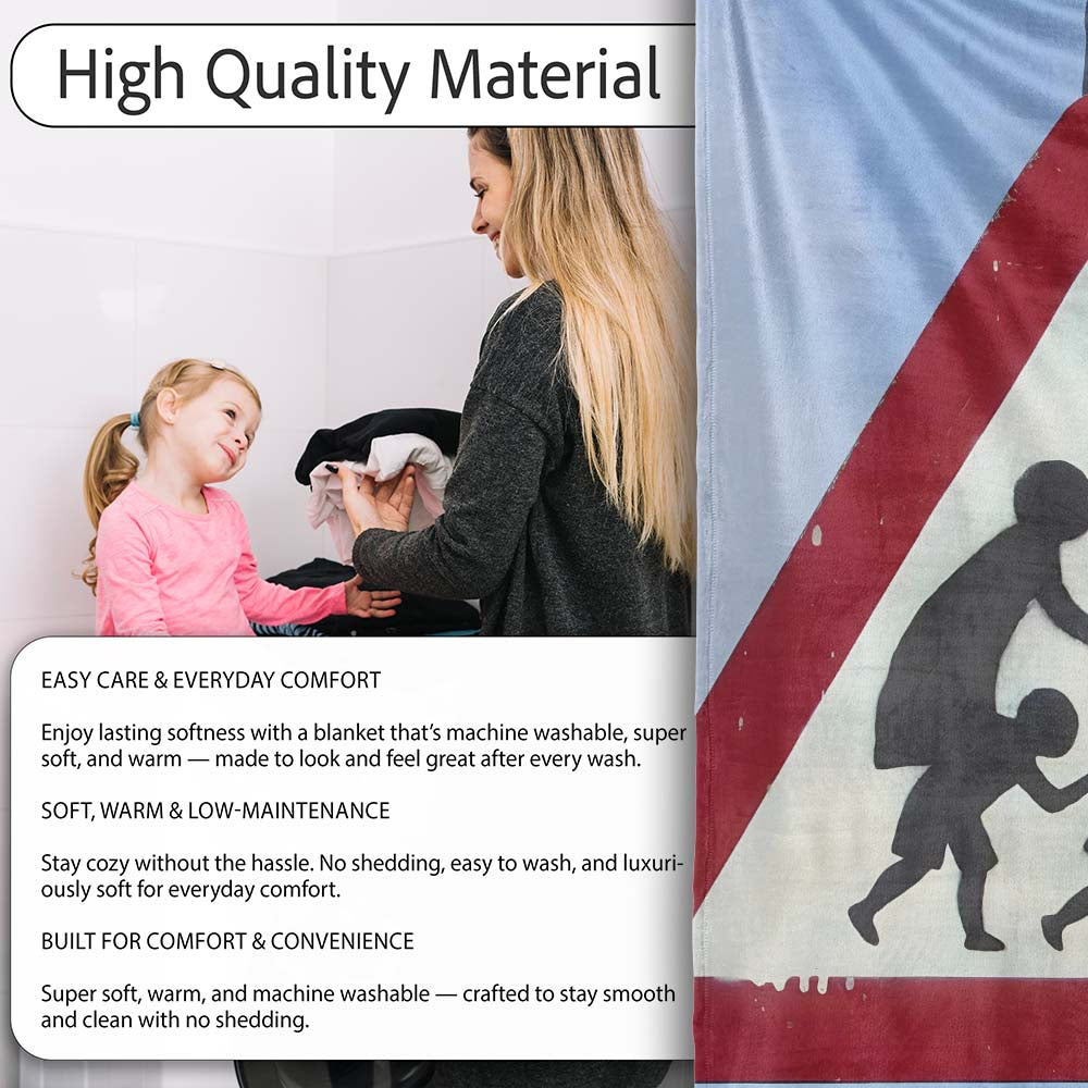 Family Silhouette Red Triangle Road Sign Art, Comfortable Everyday Use, Stylish Room Decoration - Super Soft Fleece Blanket Bed Sofa Throw