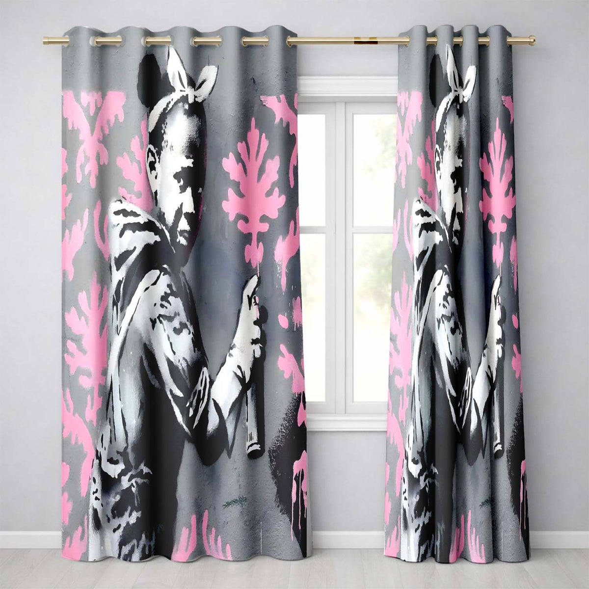 Girl Spray Painting Pink Floral Pattern Graffiti Unique Artwork for Bedroom Decor Readymade Eyelet Ring Top Thermal 100% Blackout Curtains
