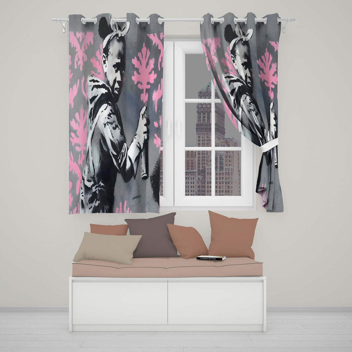 Girl Spray Painting Pink Floral Pattern Graffiti Unique Artwork for Bedroom Decor Readymade Eyelet Ring Top Thermal 100% Blackout Curtains