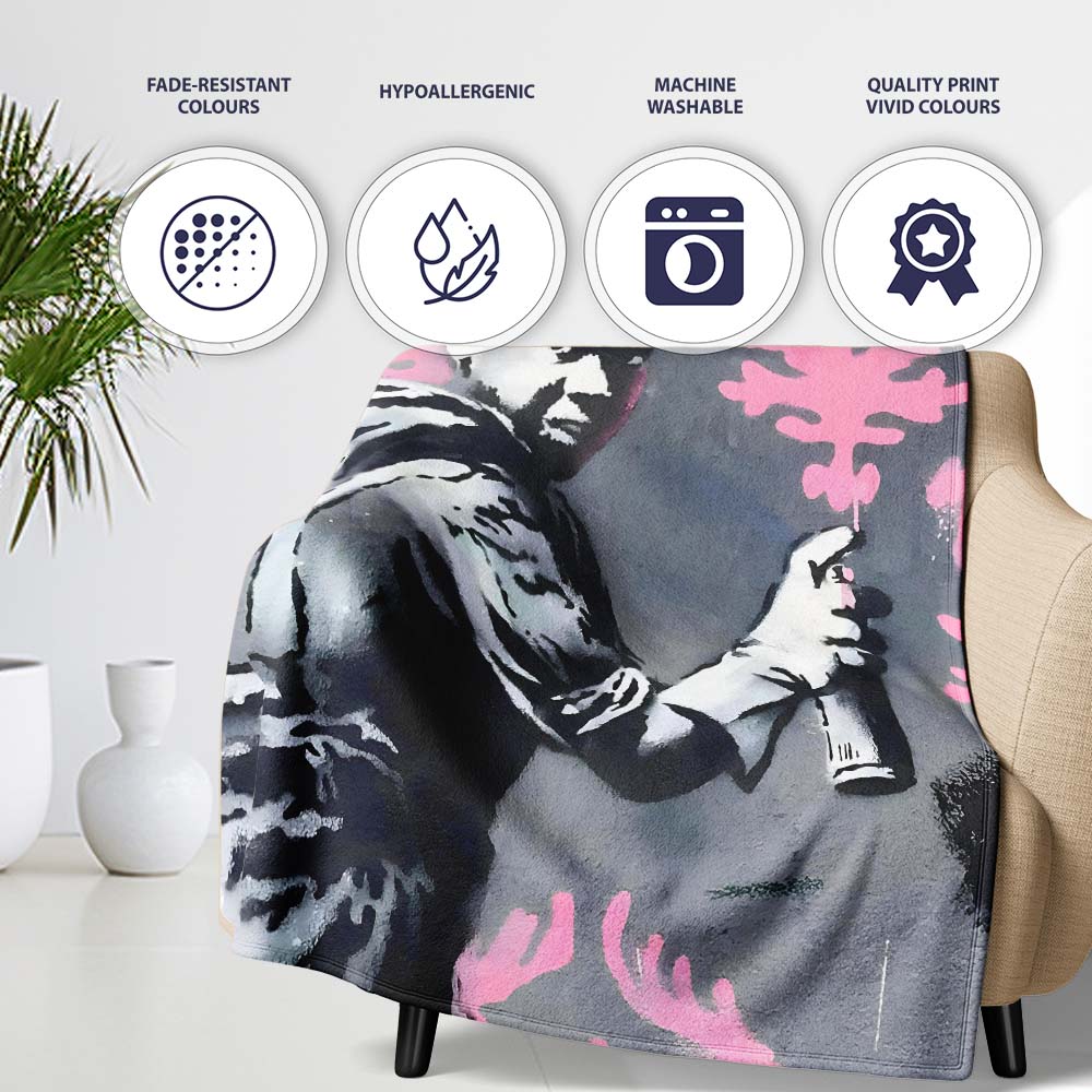 Girl Spray Painting Pink Floral Pattern Graffiti, All Season Comfort, Decorative Wall Art Style - Super Soft Fleece Blanket Bed Sofa Throw