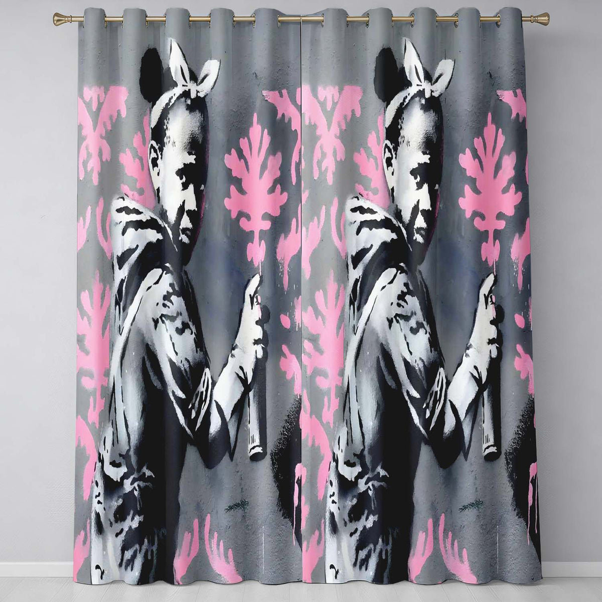 Girl Spray Painting Pink Floral Pattern Graffiti Unique Artwork for Bedroom Decor Readymade Eyelet Ring Top Thermal 100% Blackout Curtains