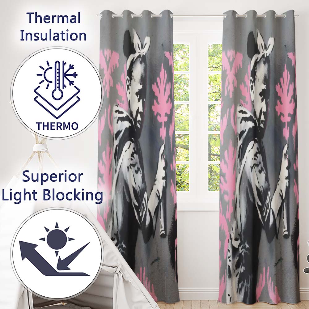 Girl Spray Painting Pink Floral Pattern Graffiti Unique Artwork for Bedroom Decor Readymade Eyelet Ring Top Thermal 100% Blackout Curtains