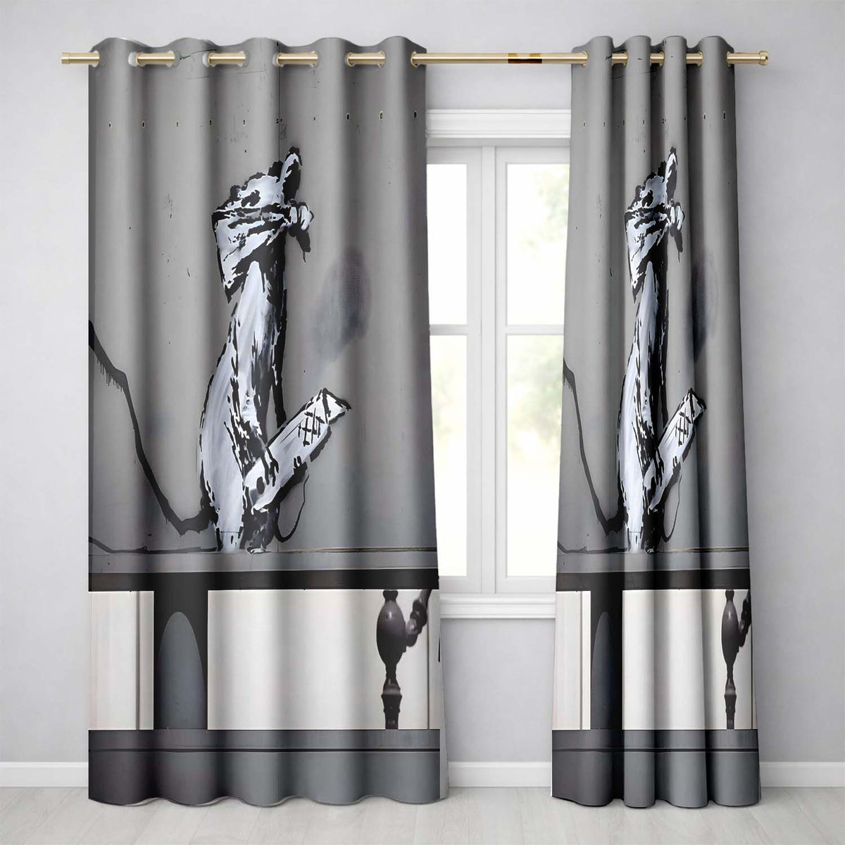 Rat Playing Keyboard Monochrome Urban Stencil Bold Elegant Artwork for Home Decor Readymade Eyelet Ring Top Thermal 100% Blackout Curtains