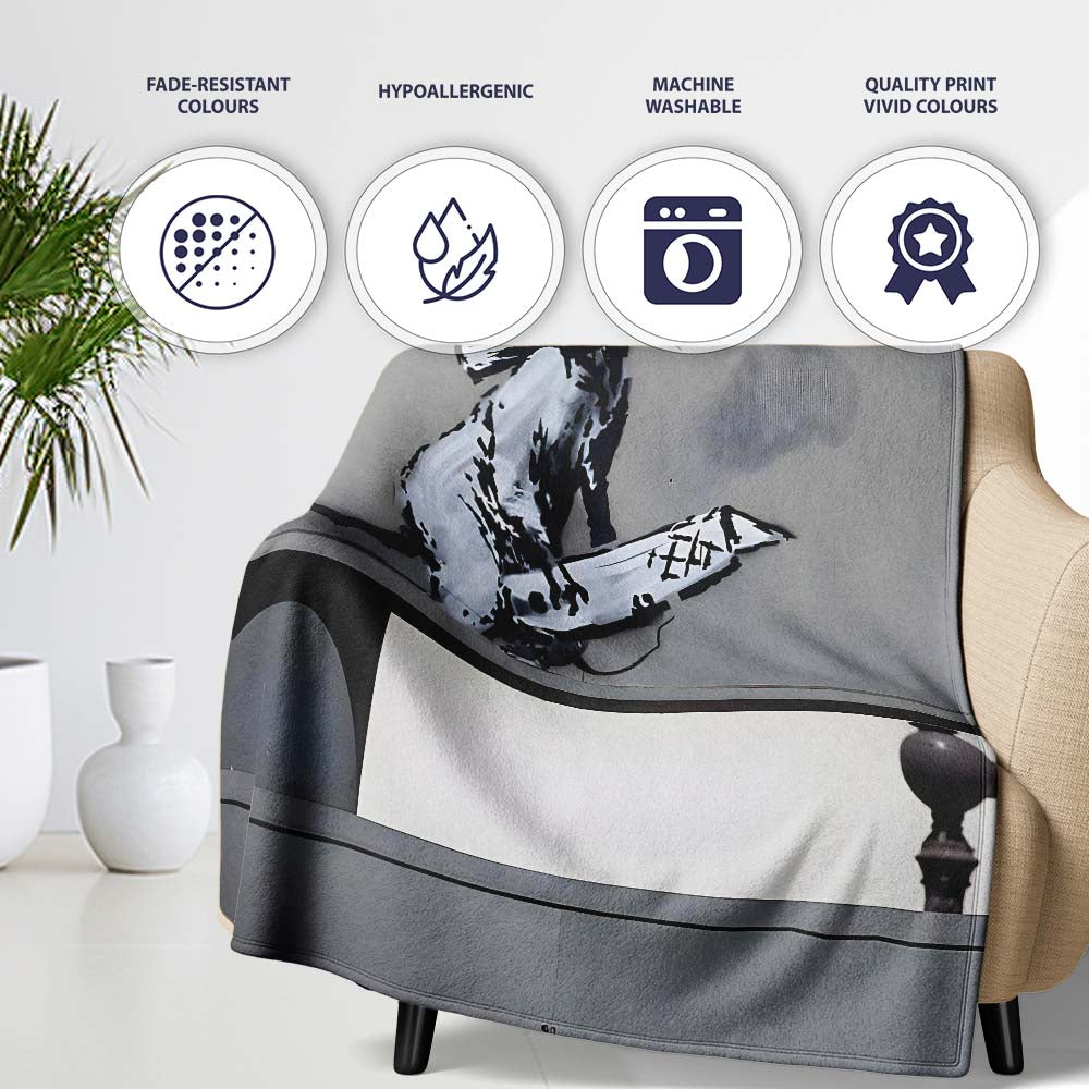 Rat Playing Keyboard Monochrome Urban Stencil, All Season Comfort, Thoughtful Housewarming Gift - Super Soft Fleece Blanket Bed Sofa Throw