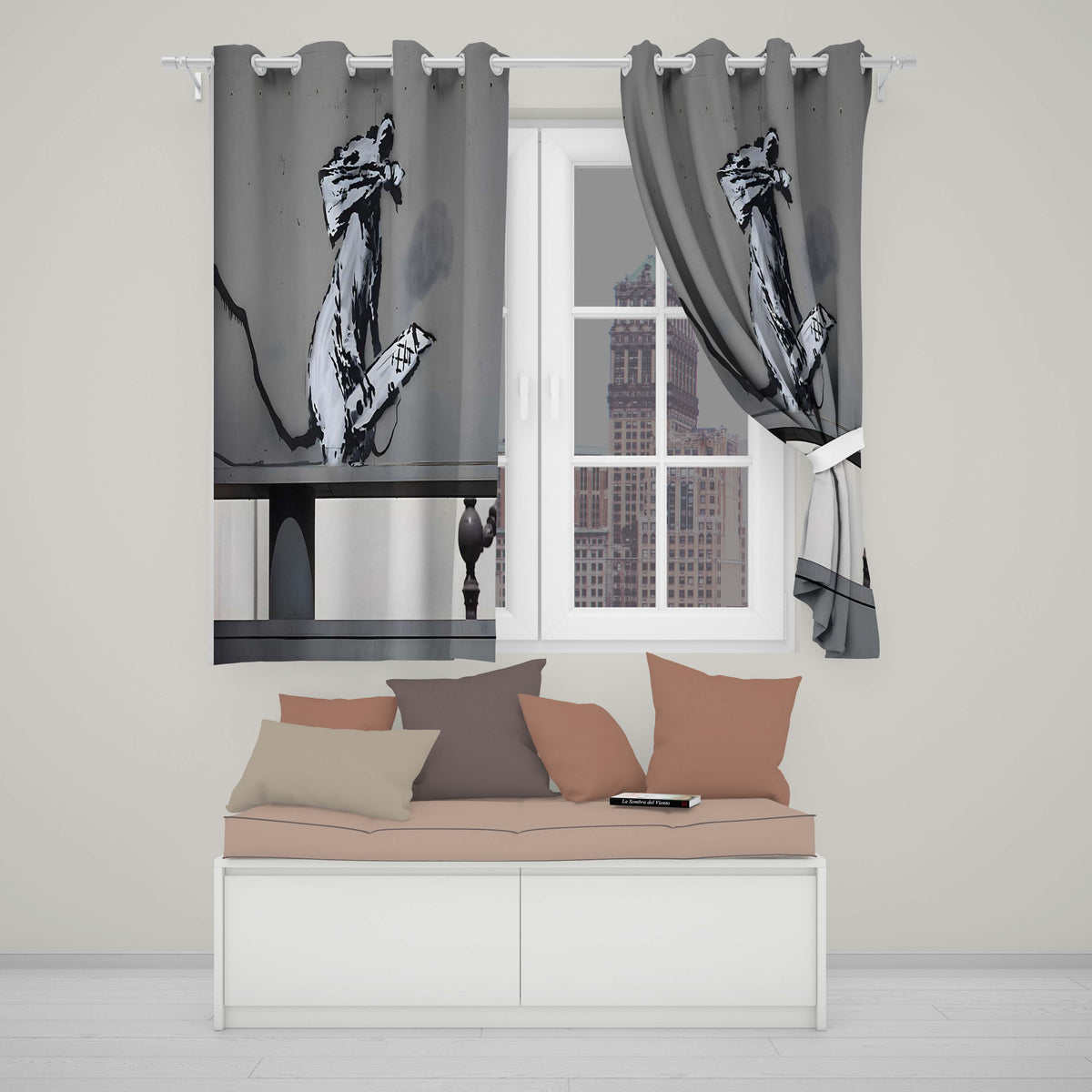Rat Playing Keyboard Monochrome Urban Stencil Bold Elegant Artwork for Home Decor Readymade Eyelet Ring Top Thermal 100% Blackout Curtains