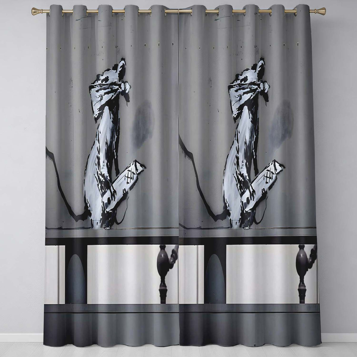 Rat Playing Keyboard Monochrome Urban Stencil Bold Elegant Artwork for Home Decor Readymade Eyelet Ring Top Thermal 100% Blackout Curtains