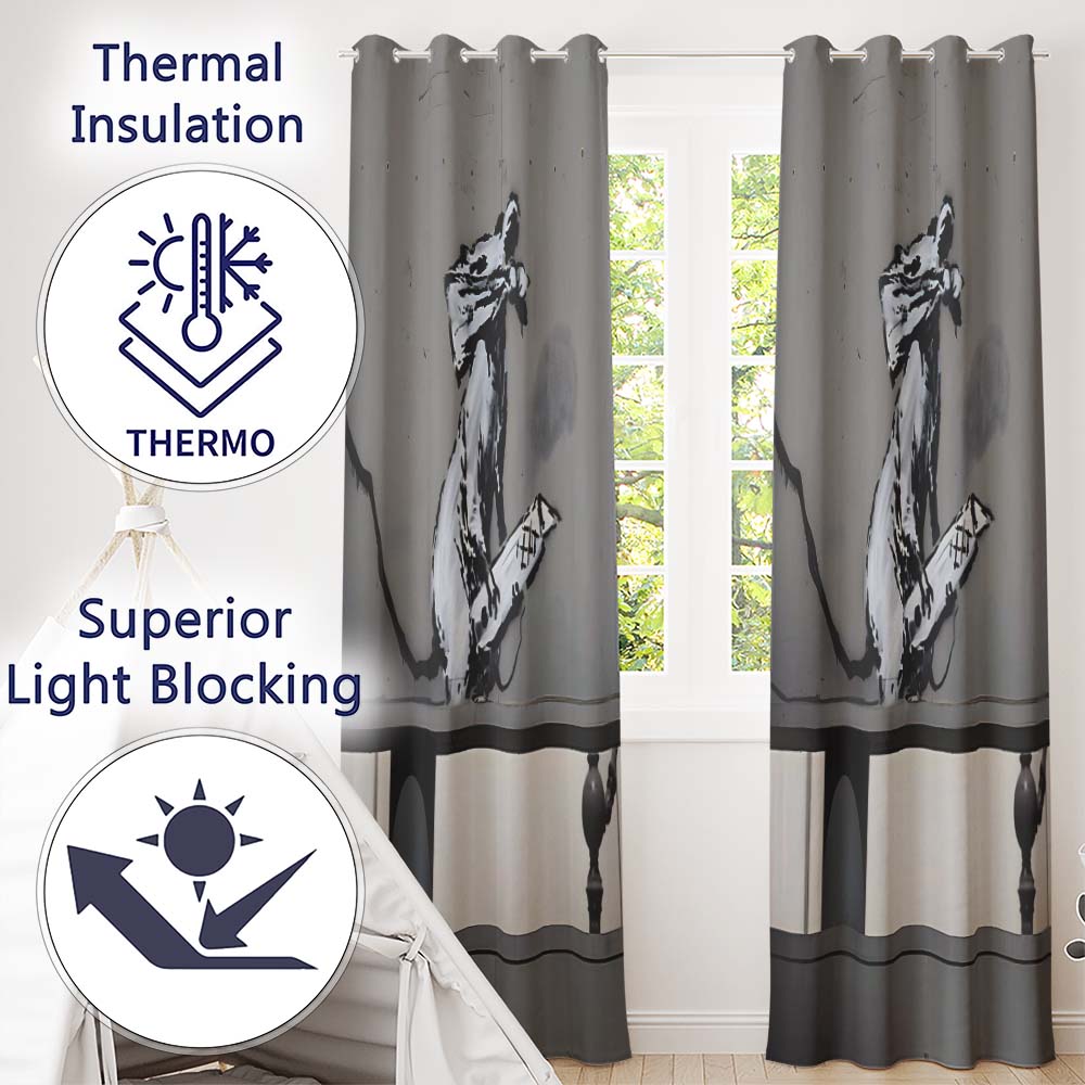 Rat Playing Keyboard Monochrome Urban Stencil Bold Elegant Artwork for Home Decor Readymade Eyelet Ring Top Thermal 100% Blackout Curtains