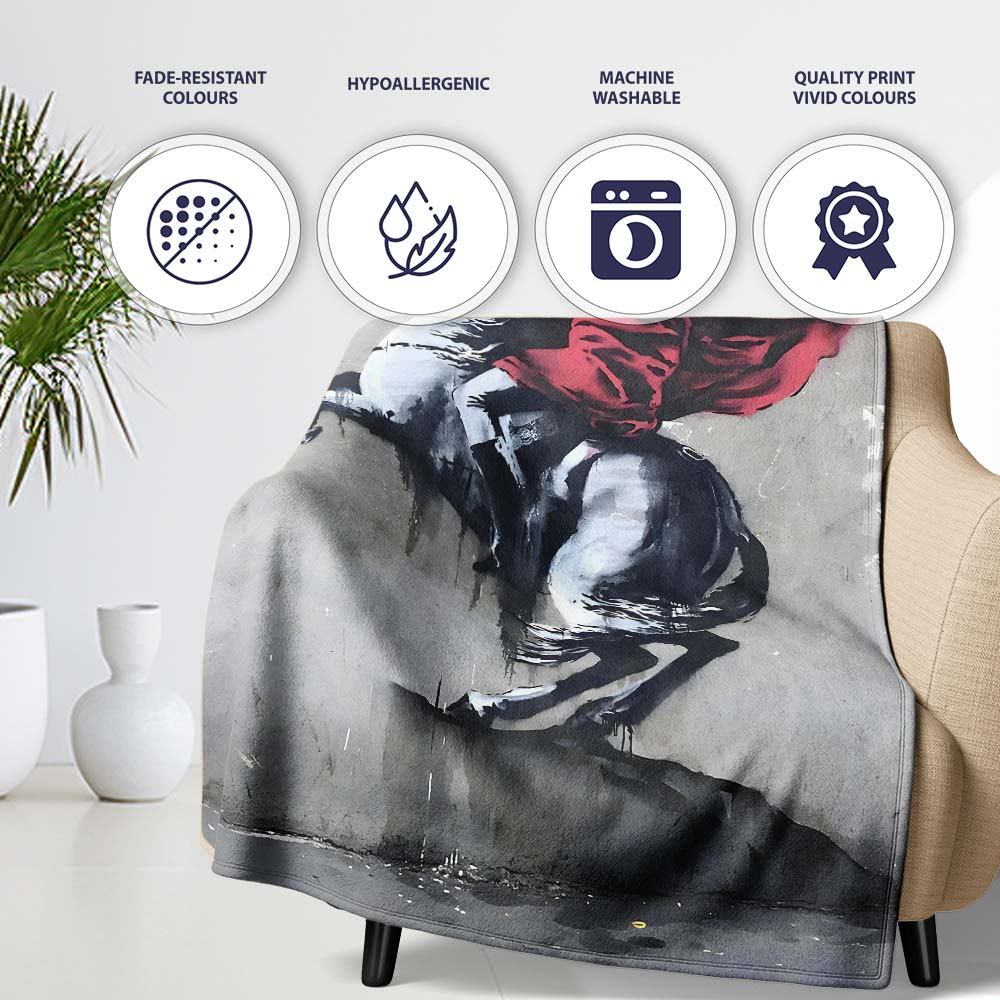 Red Cloaked Rider on Rearing Horse Monochrome Street Art, Artistic Comfortable Everyday Comfort - Super Soft Fleece Blanket Bed Sofa Throw
