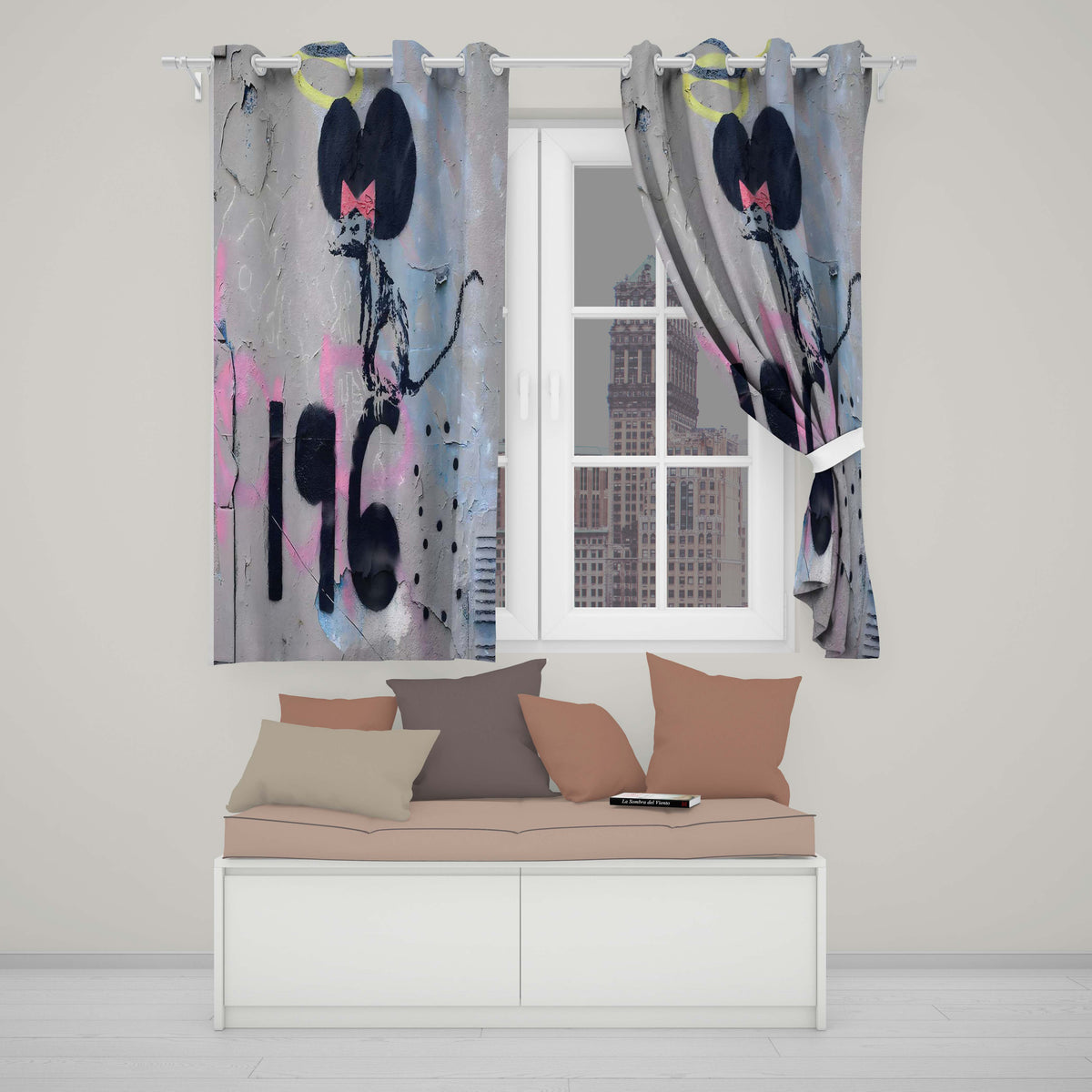 Black Rat with Pink Bow Urban Graffiti Stencil Unique Bold Artwork for Home Decor Readymade Eyelet Ring Top Thermal 100% Blackout Curtains