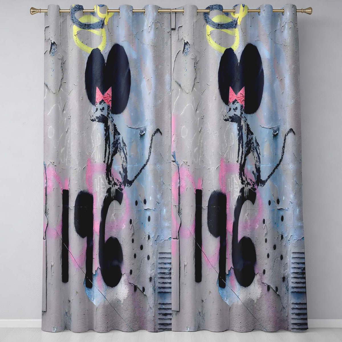 Black Rat with Pink Bow Urban Graffiti Stencil Unique Bold Artwork for Home Decor Readymade Eyelet Ring Top Thermal 100% Blackout Curtains