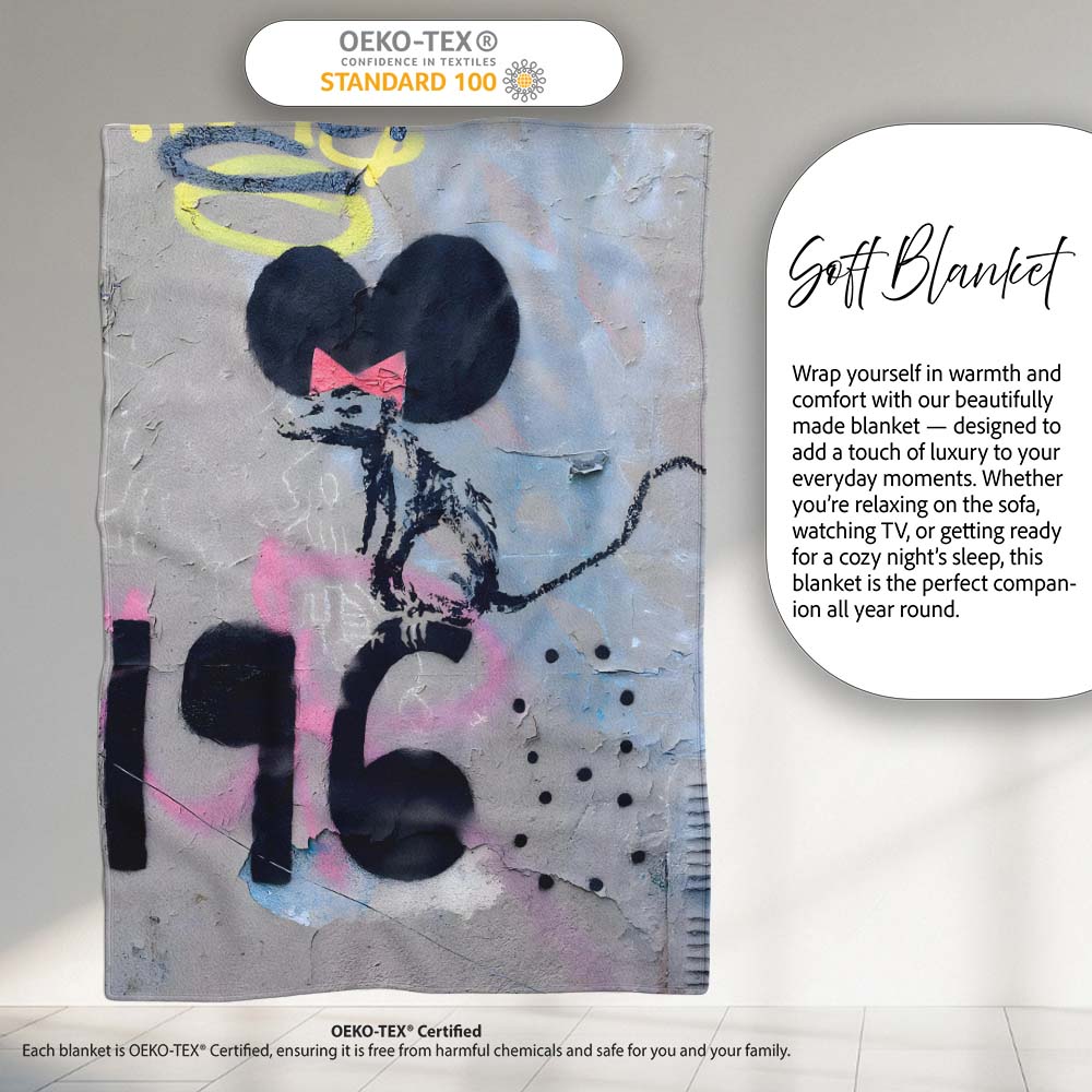 Black Rat with Pink Bow Urban Graffiti Stencil, Lightweight Warm Gift, Comfortable Everyday Use - Super Soft Fleece Blanket Bed Sofa Throw