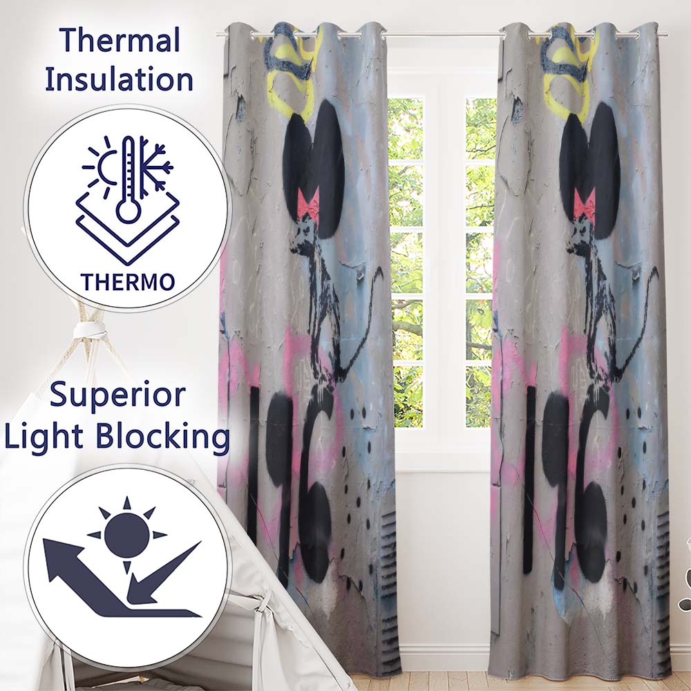 Black Rat with Pink Bow Urban Graffiti Stencil Unique Bold Artwork for Home Decor Readymade Eyelet Ring Top Thermal 100% Blackout Curtains