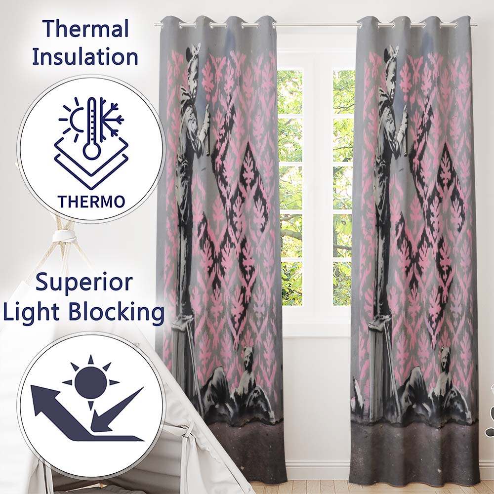 Girl Spray Painting Pink Damask Pattern Street Art Timeless Design for Home Decor Readymade Eyelet Ring Top Thermal 100% Blackout Curtains