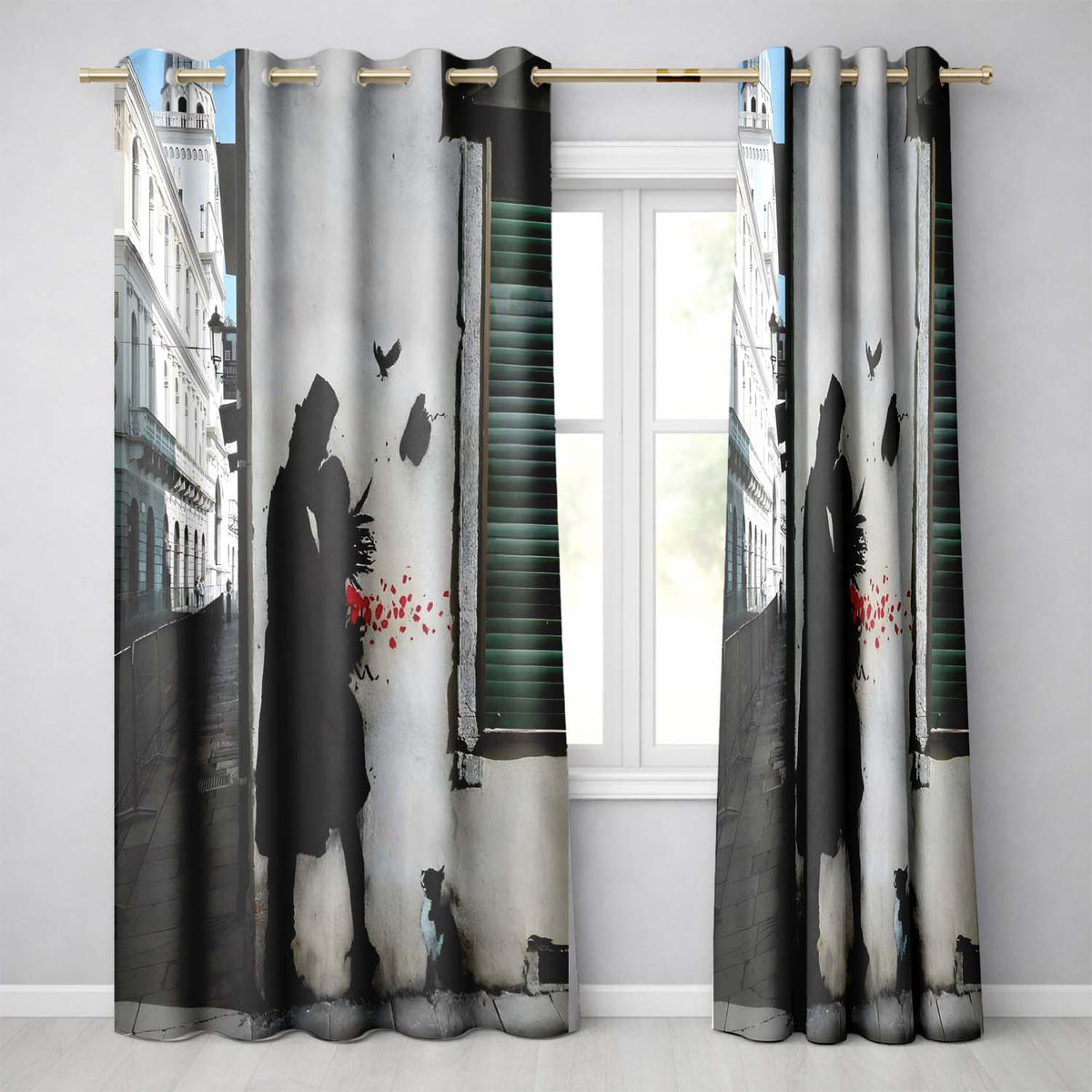 Romantic Couple with Red Rose Petals and Cat Stencil Art Bold Artistic Home Decor Readymade Eyelet Ring Top Thermal 100% Blackout Curtains