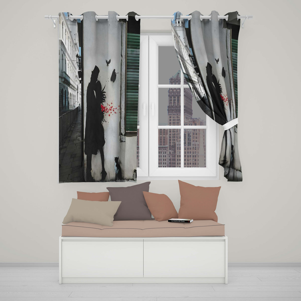 Romantic Couple with Red Rose Petals and Cat Stencil Art Bold Artistic Home Decor Readymade Eyelet Ring Top Thermal 100% Blackout Curtains