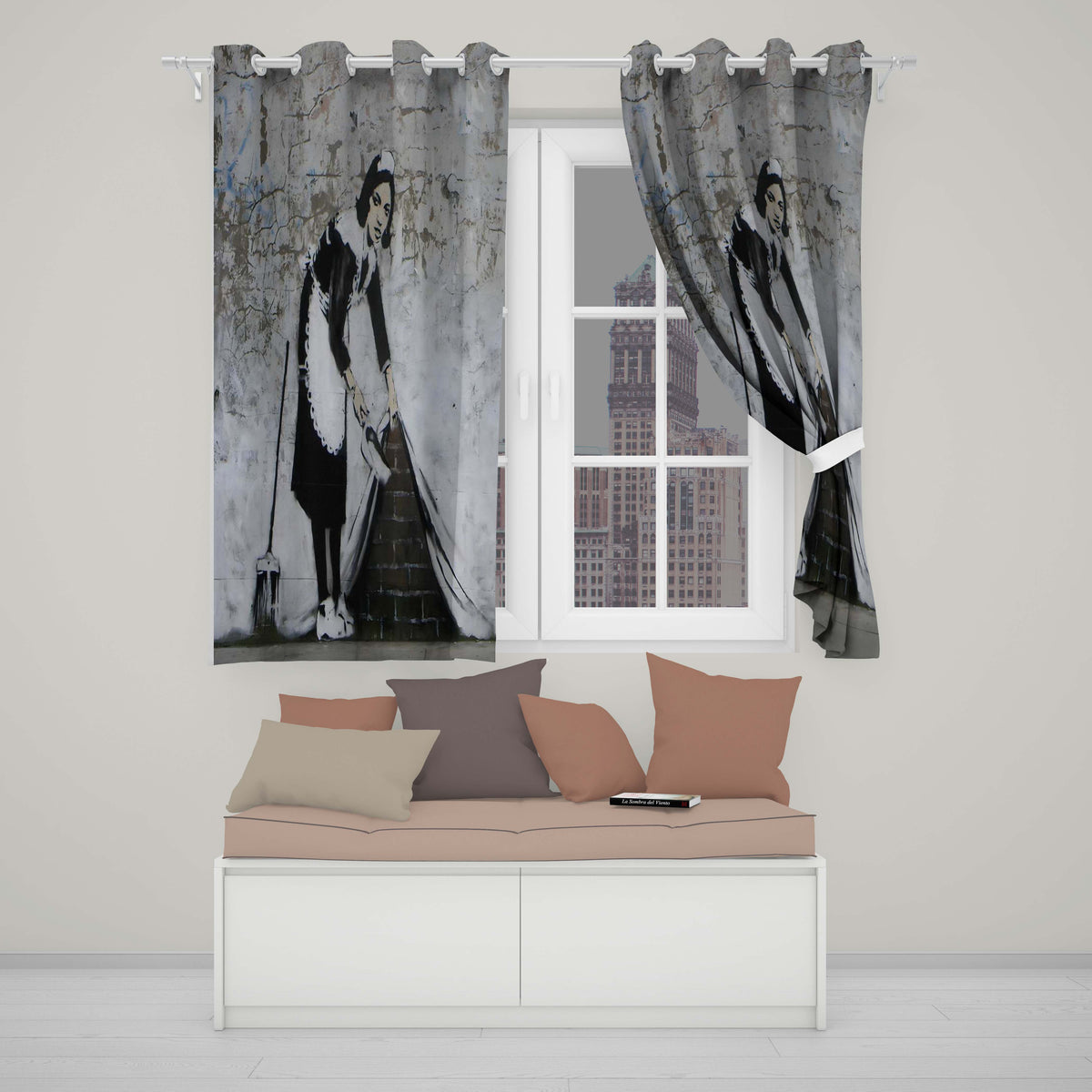 Housemaid Sweeping Hidden Brickwork Monochrome Street Art Contemporary Home Decor Readymade Eyelet Ring Top Thermal 100% Blackout Curtains