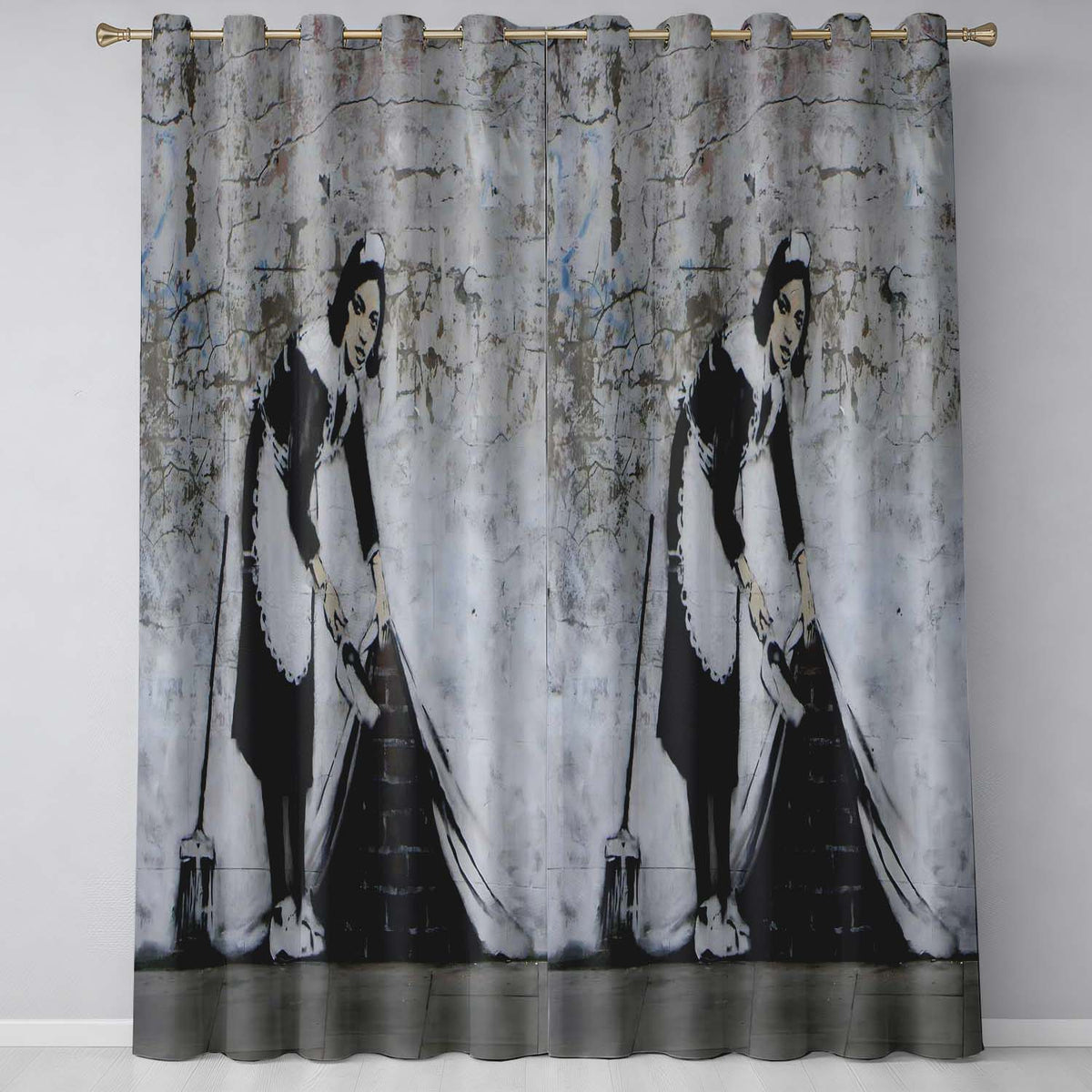 Housemaid Sweeping Hidden Brickwork Monochrome Street Art Contemporary Home Decor Readymade Eyelet Ring Top Thermal 100% Blackout Curtains
