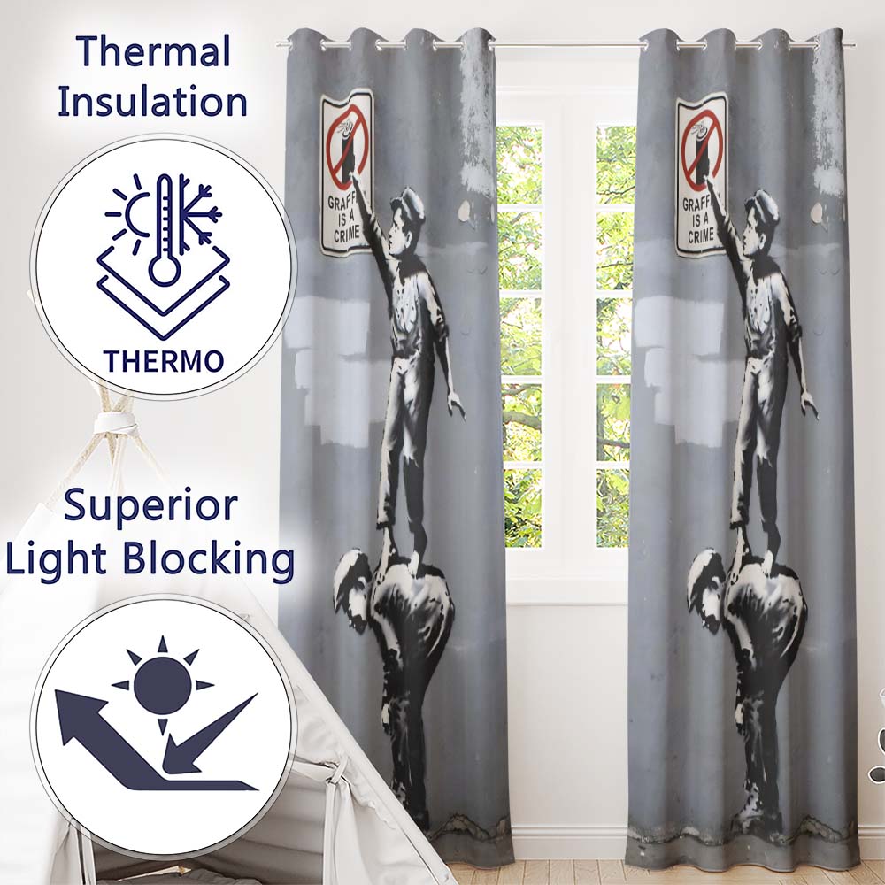 Children Reaching Graffiti Warning Sign Urban Stencil Vibrant Artistic Home Decor Readymade Eyelet Ring Top Thermal 100% Blackout Curtains