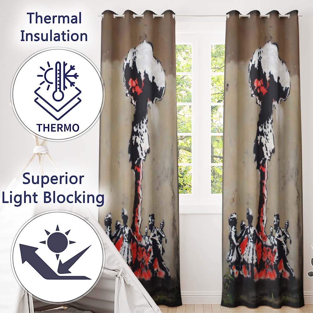 Red Black Explosion with Dancing Figures Street Art Stylish Design for Home Decor Readymade Eyelet Ring Top Thermal 100% Blackout Curtains