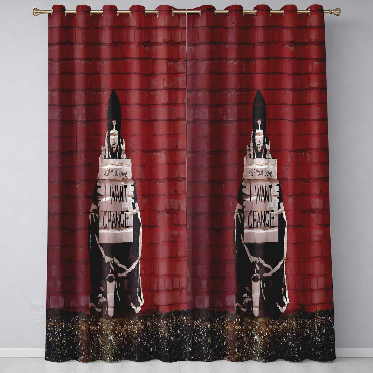 Seated Protester with Change Message Red Brick Street Art Contemporary Home Decor Readymade Eyelet Ring Top Thermal 100% Blackout Curtains