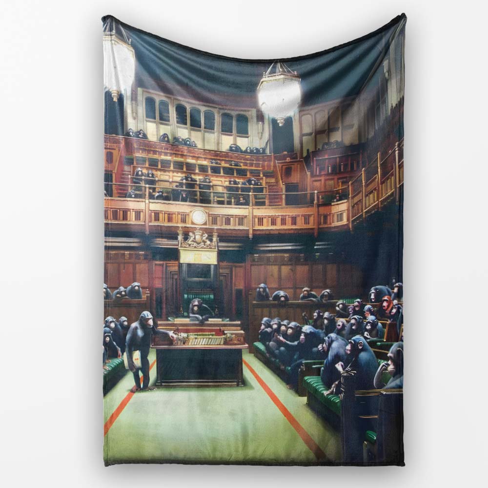 Chimpanzee Parliament Chamber Satirical Dark Interior, Decorative Comfortable Housewarming Gift - Super Soft Fleece Blanket Bed Sofa Throw