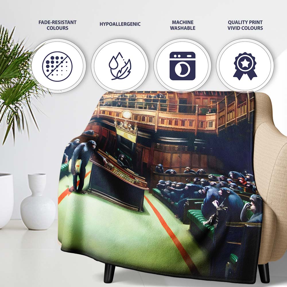 Chimpanzee Parliament Chamber Satirical Dark Interior, Decorative Comfortable Housewarming Gift - Super Soft Fleece Blanket Bed Sofa Throw
