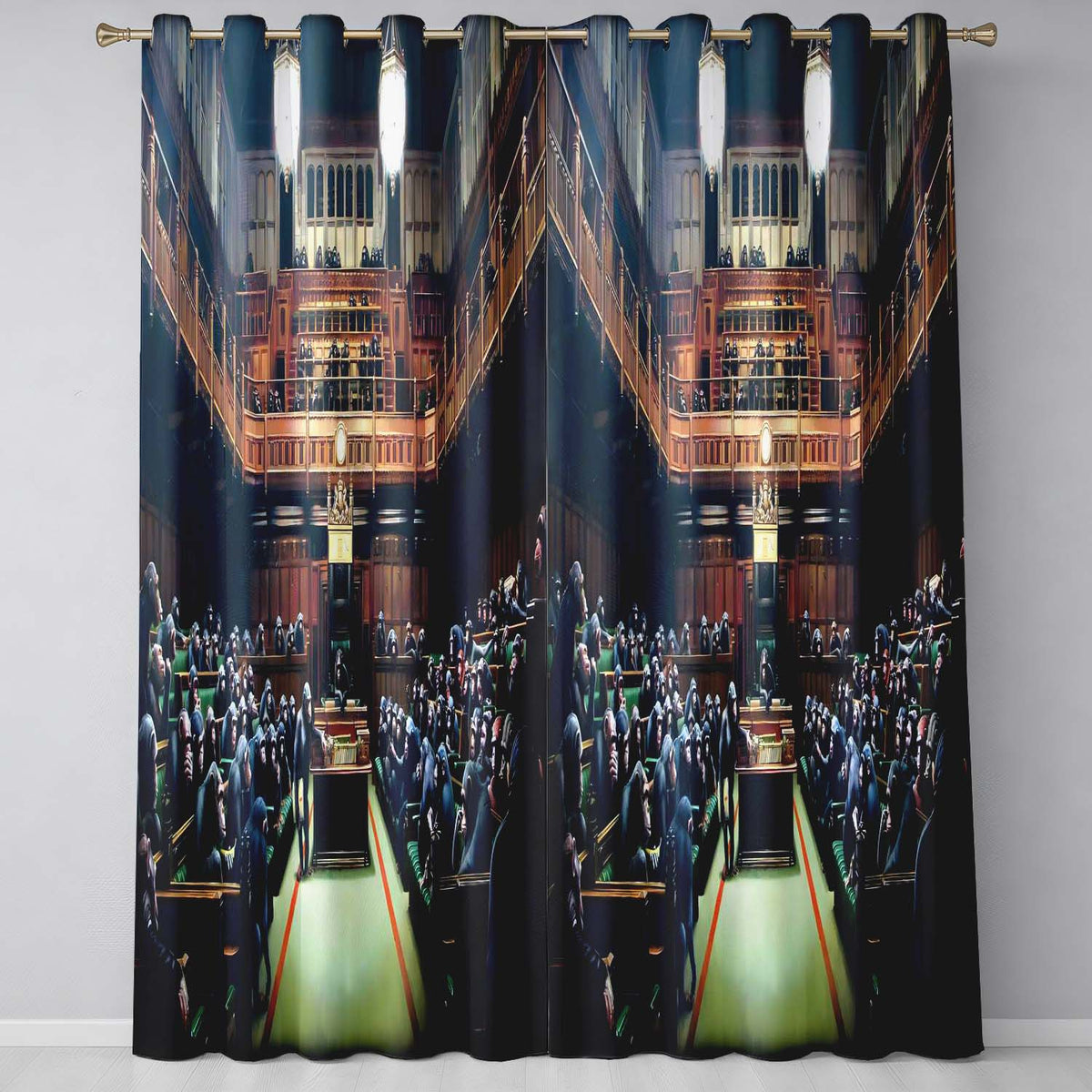 Chimpanzee Parliament Chamber Satirical Dark Interior Elegant Artistic Home Decor Readymade Eyelet Ring Top Thermal 100% Blackout Curtains