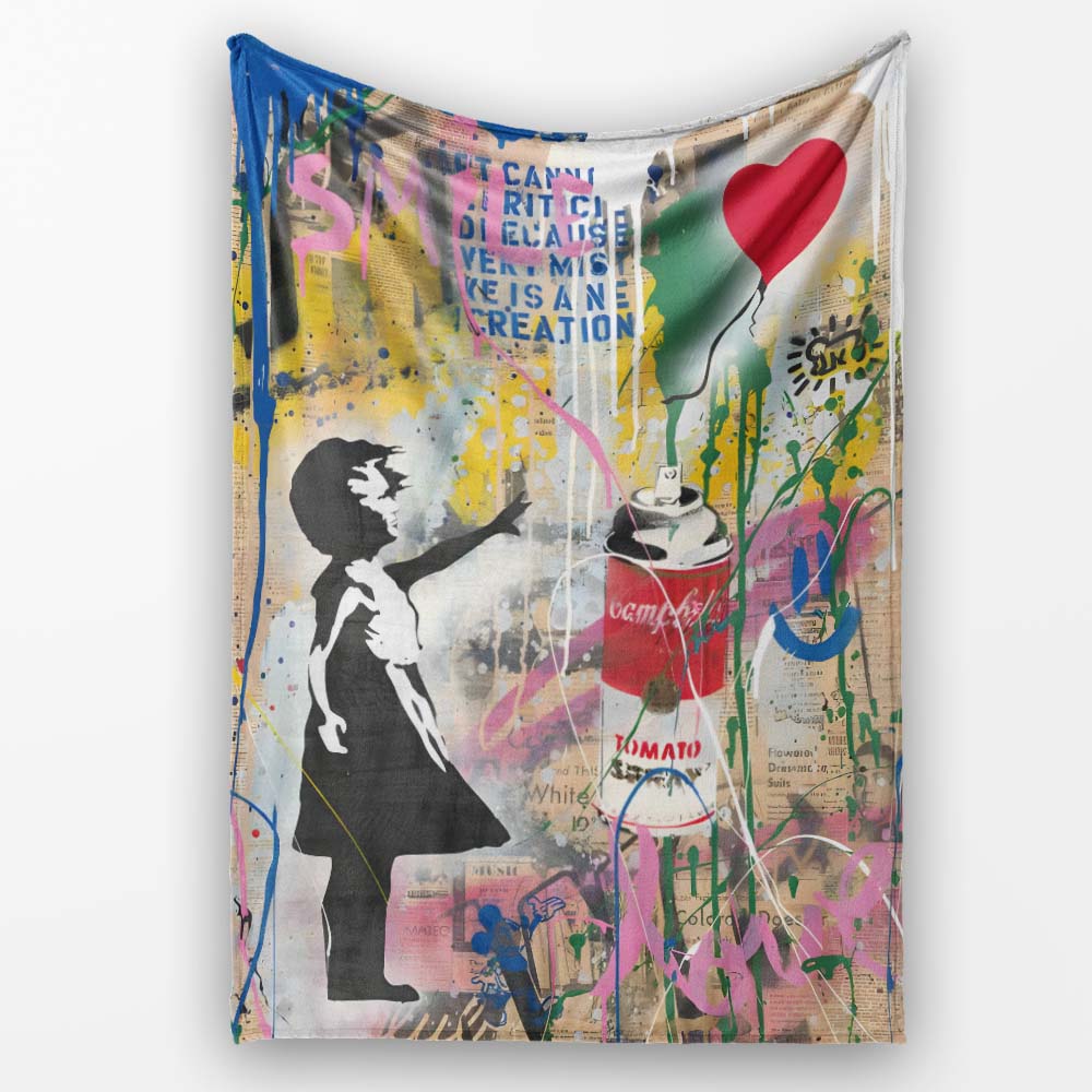 Girl Reaching Red Heart Balloon Colourful Collage, All Season Comfort, Comfortable Everyday Use - Super Soft Fleece Blanket Bed Sofa Throw