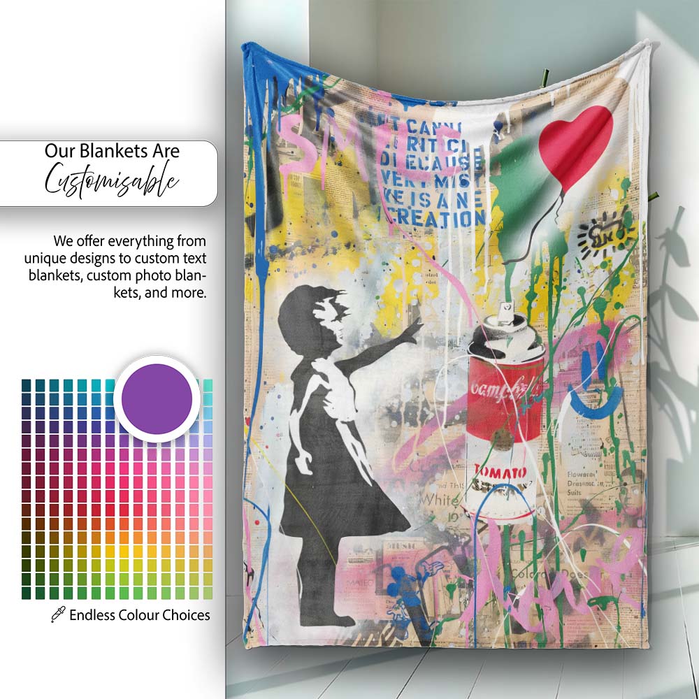 Girl Reaching Red Heart Balloon Colourful Collage, All Season Comfort, Comfortable Everyday Use - Super Soft Fleece Blanket Bed Sofa Throw