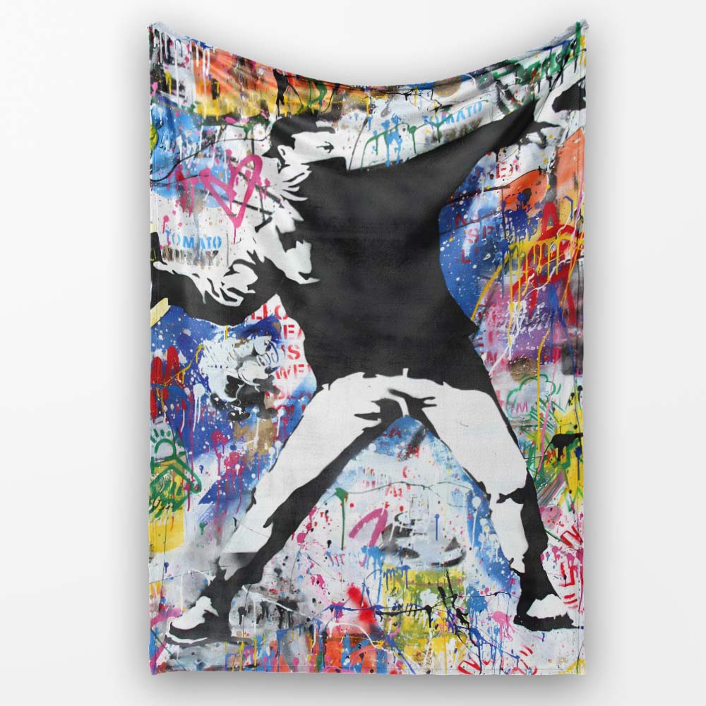 Masked Protester Throwing Paint Tin Graffiti Collage, Lightweight Comfortable Decorative Accent - Super Soft Fleece Blanket Bed Sofa Throw