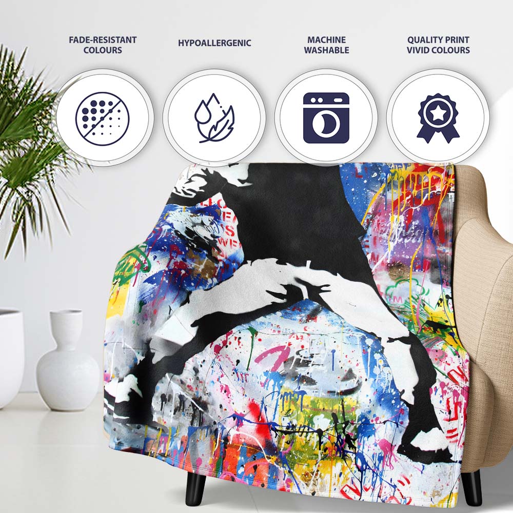 Masked Protester Throwing Paint Tin Graffiti Collage, Lightweight Comfortable Decorative Accent - Super Soft Fleece Blanket Bed Sofa Throw