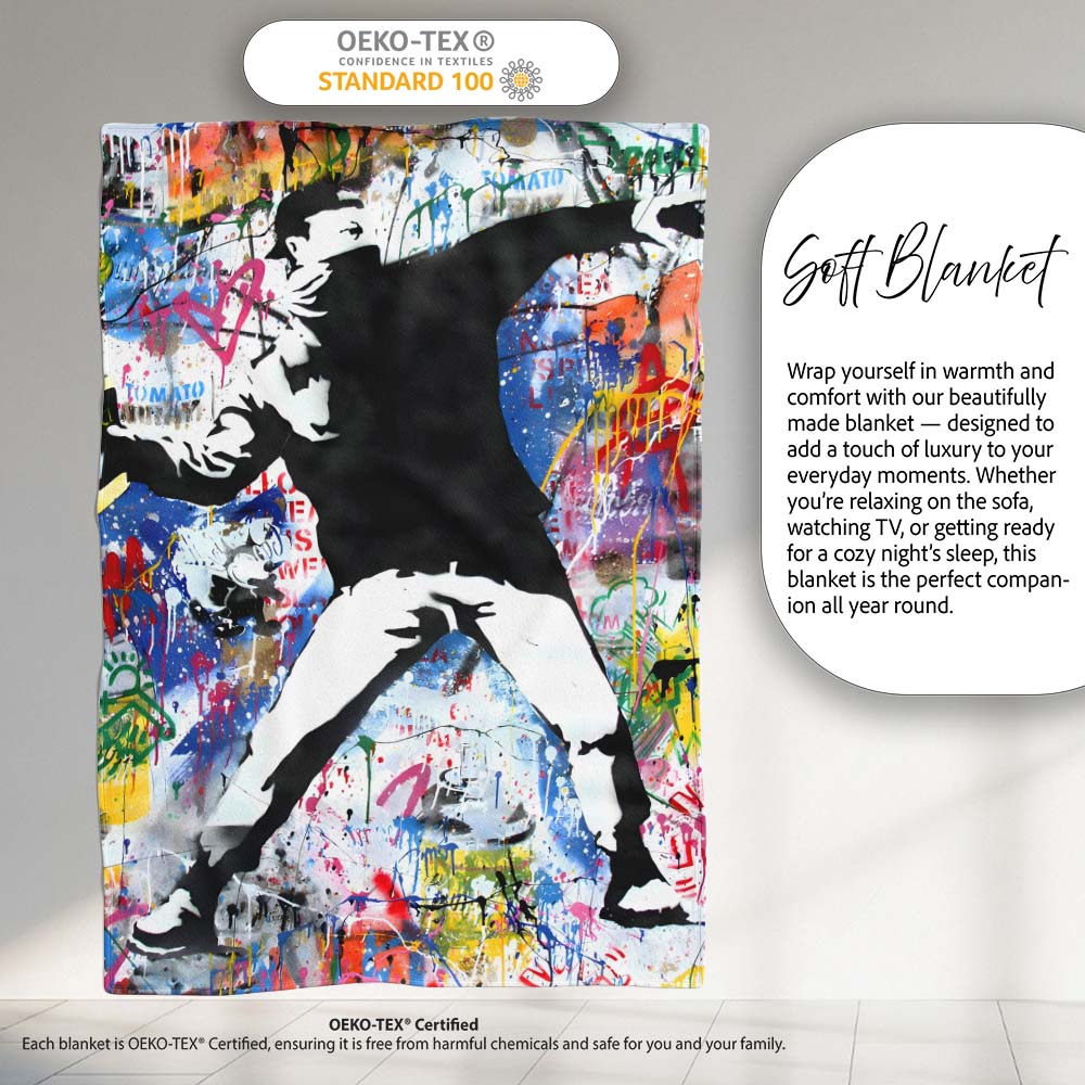 Masked Protester Throwing Paint Tin Graffiti Collage, Lightweight Comfortable Decorative Accent - Super Soft Fleece Blanket Bed Sofa Throw