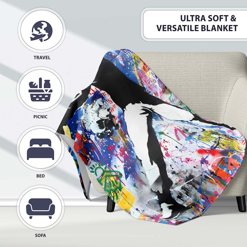 Masked Protester Throwing Paint Tin Graffiti Collage, Lightweight Comfortable Decorative Accent - Super Soft Fleece Blanket Bed Sofa Throw