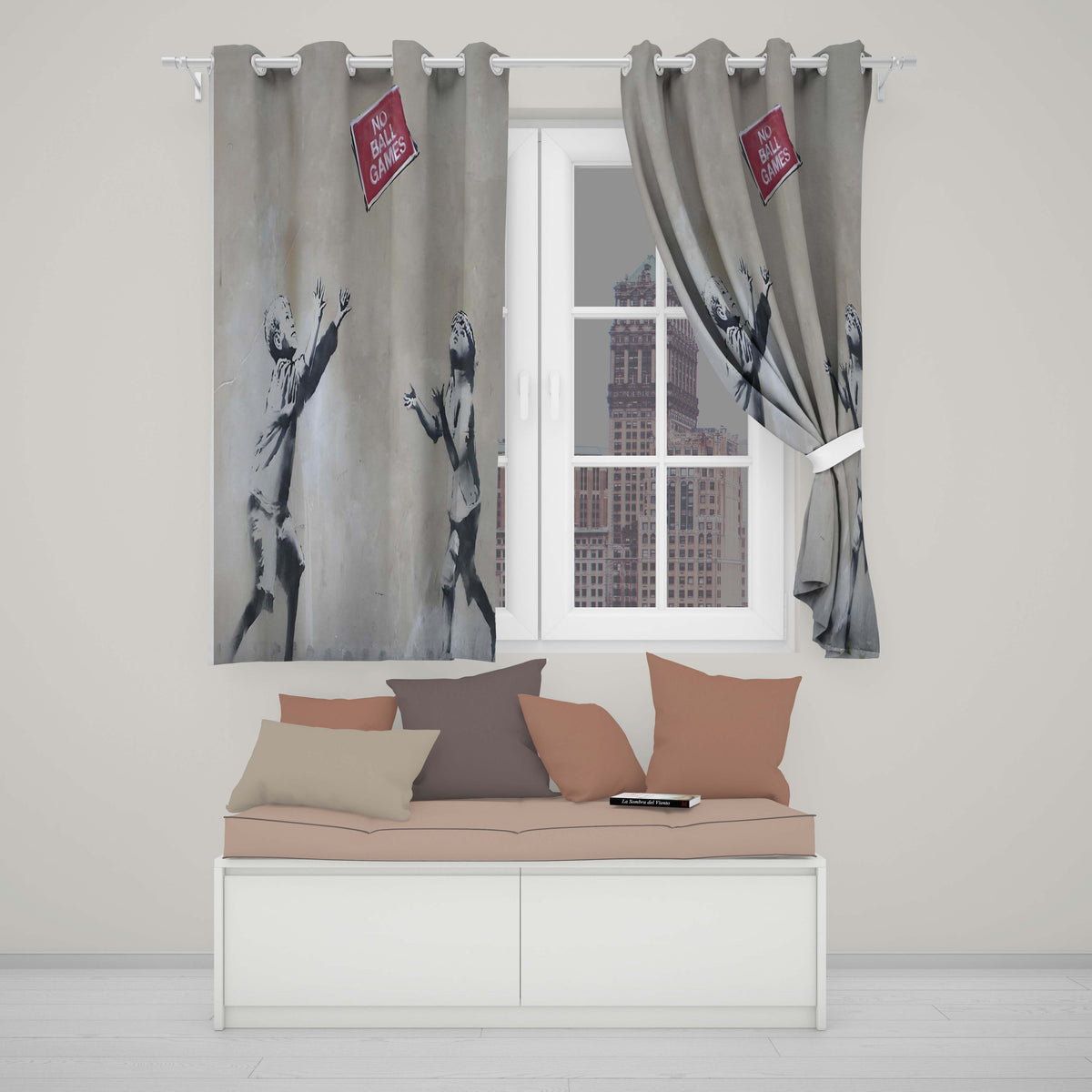 Children Playing No Ball Games Street Art Stencil Distinctive Wall Art Home Decor Readymade Eyelet Ring Top Thermal 100% Blackout Curtains