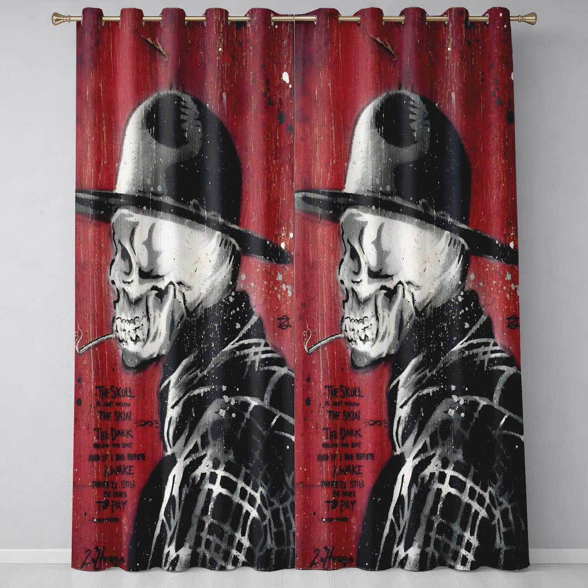 Skull in Bowler Hat on Red Grunge Background Expressive Artwork for Bedroom Decor Readymade Eyelet Ring Top Thermal 100% Blackout Curtains