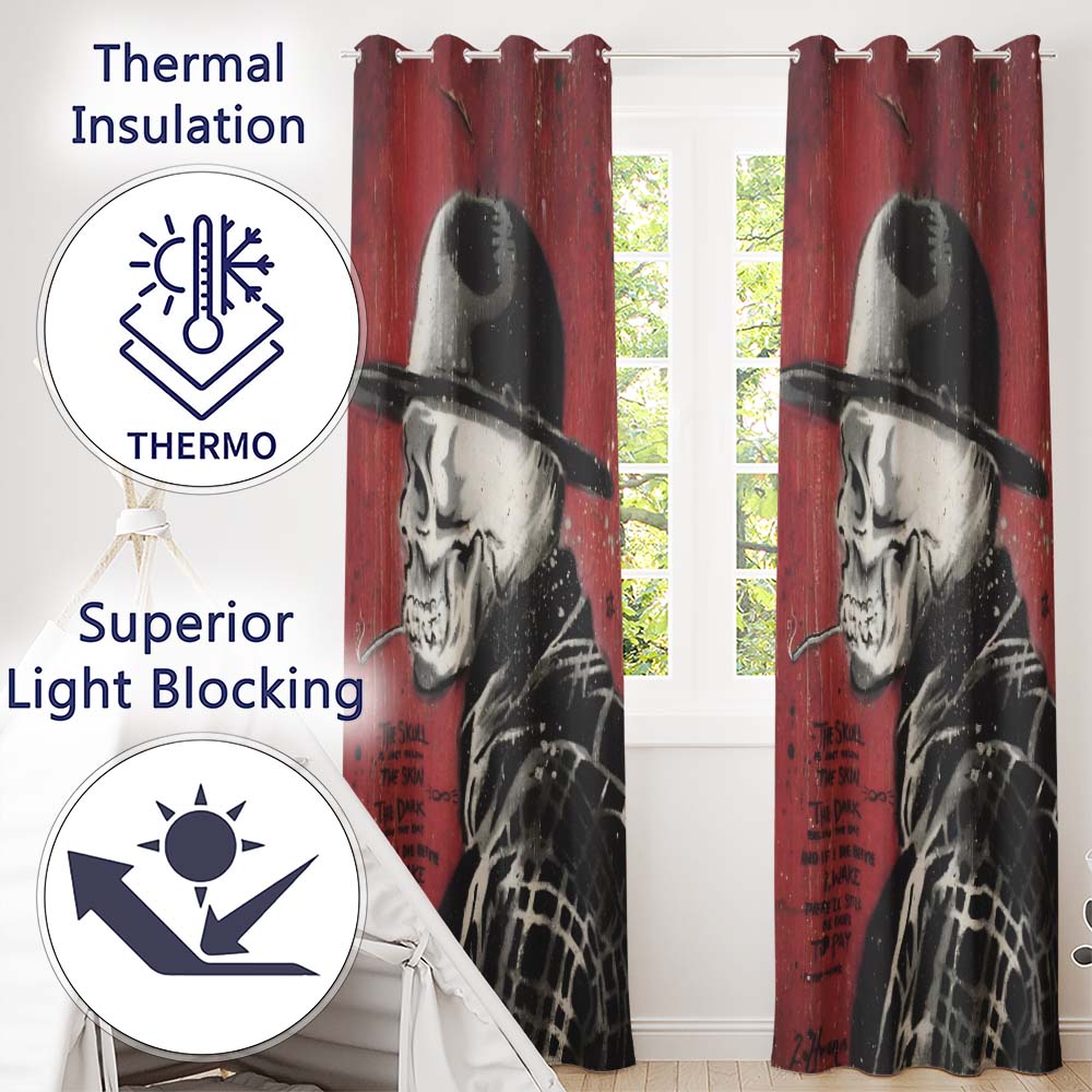 Skull in Bowler Hat on Red Grunge Background Expressive Artwork for Bedroom Decor Readymade Eyelet Ring Top Thermal 100% Blackout Curtains
