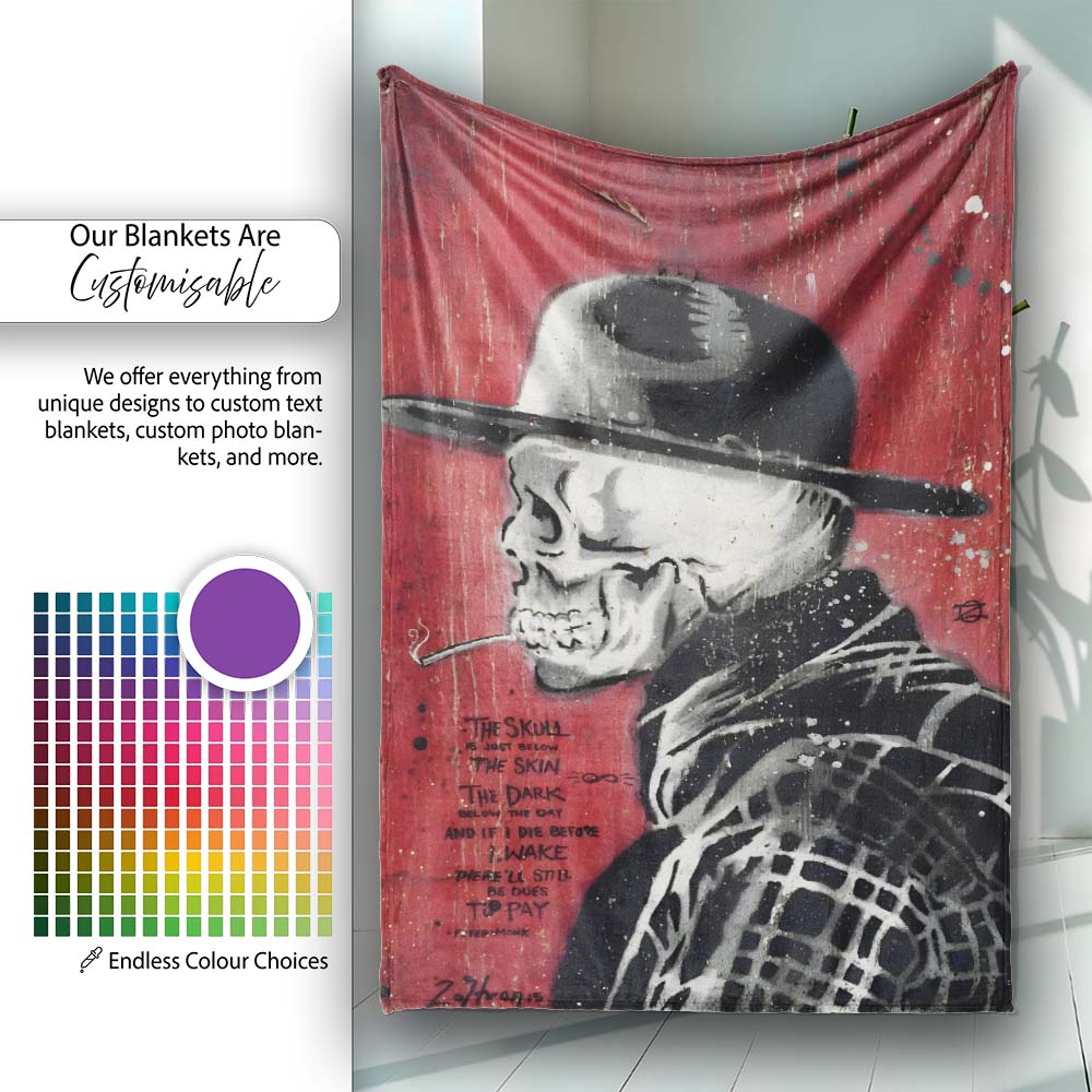 Skull in Bowler Hat on Red Grunge Background, Comfortable Everyday Use, Stylish Room Decoration - Super Soft Fleece Blanket Bed Sofa Throw