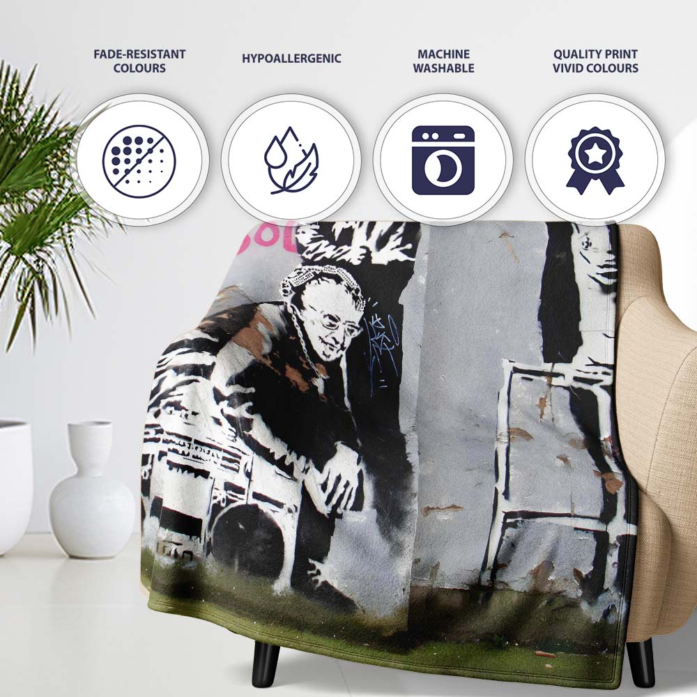 Old School Street Crew with Boombox Monochrome Stencil, Decorative Comfortable Everyday Comfort - Super Soft Fleece Blanket Bed Sofa Throw