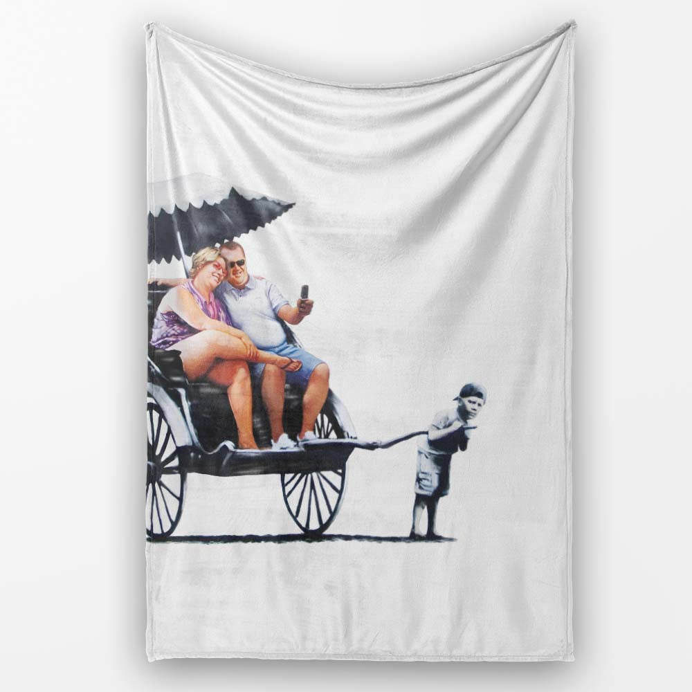 Holiday Couple Riding Child Pulled Rickshaw Satirical Stencil, Artistic Modern Everyday Comfort - Super Soft Fleece Blanket Bed Sofa Throw