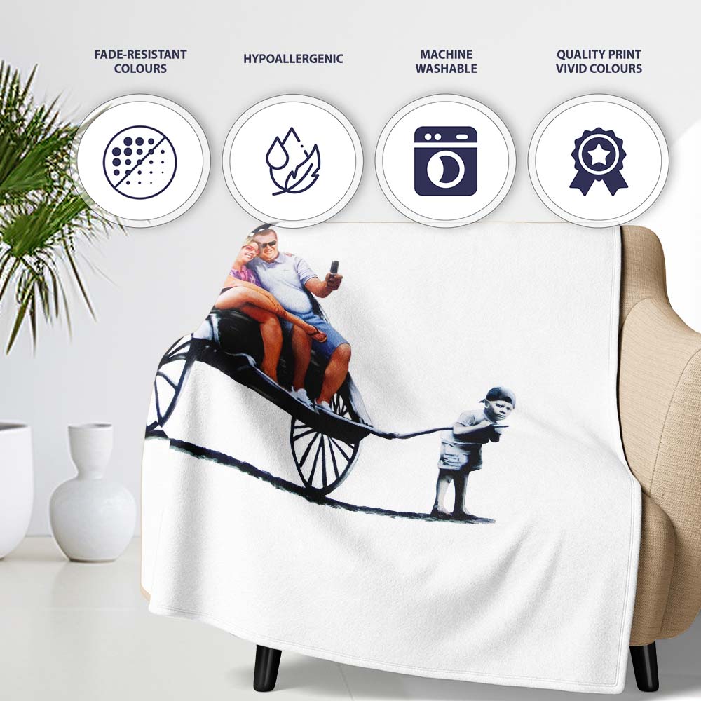 Holiday Couple Riding Child Pulled Rickshaw Satirical Stencil, Artistic Modern Everyday Comfort - Super Soft Fleece Blanket Bed Sofa Throw