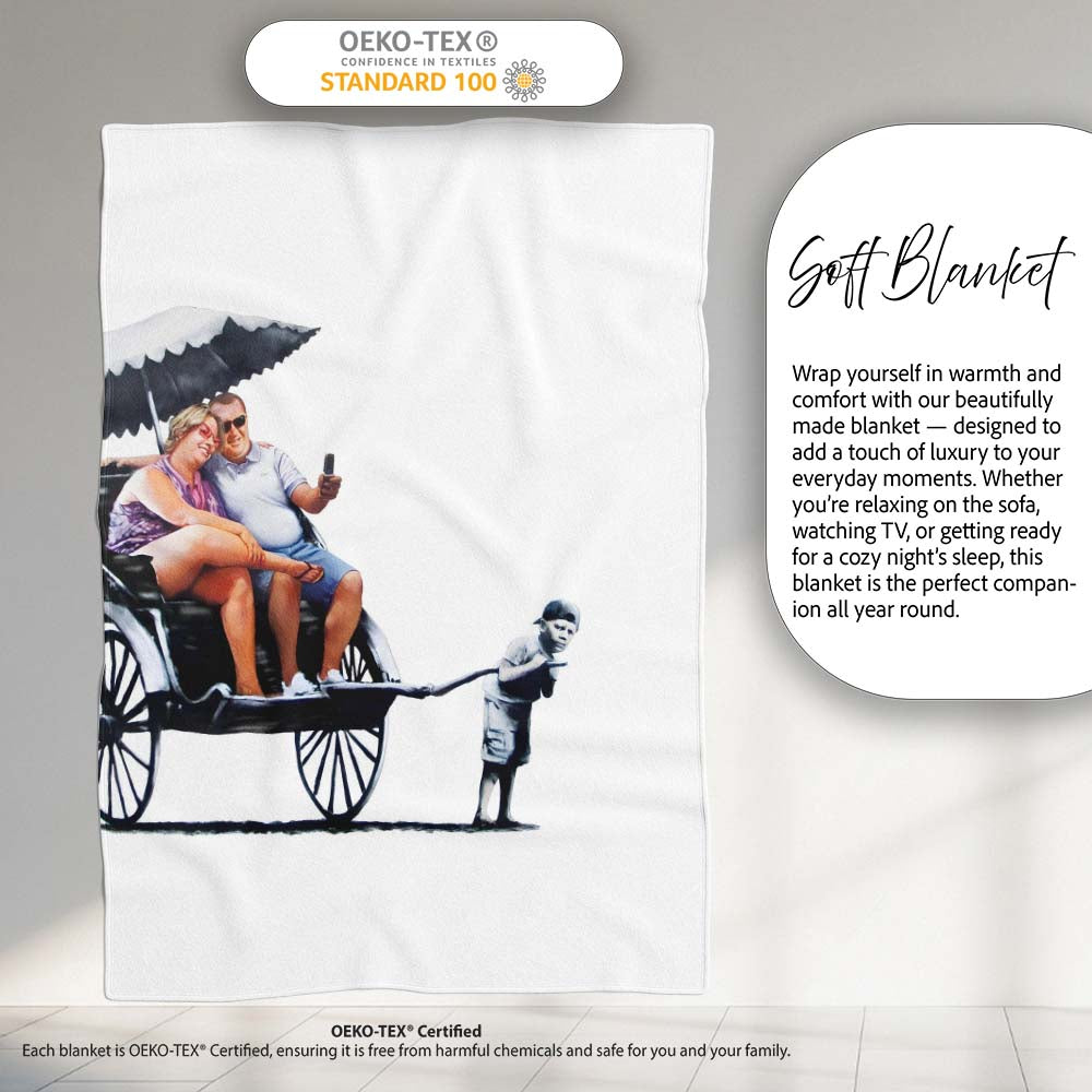 Holiday Couple Riding Child Pulled Rickshaw Satirical Stencil, Artistic Modern Everyday Comfort - Super Soft Fleece Blanket Bed Sofa Throw