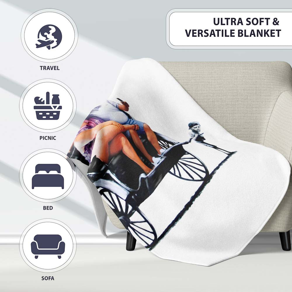 Holiday Couple Riding Child Pulled Rickshaw Satirical Stencil, Artistic Modern Everyday Comfort - Super Soft Fleece Blanket Bed Sofa Throw