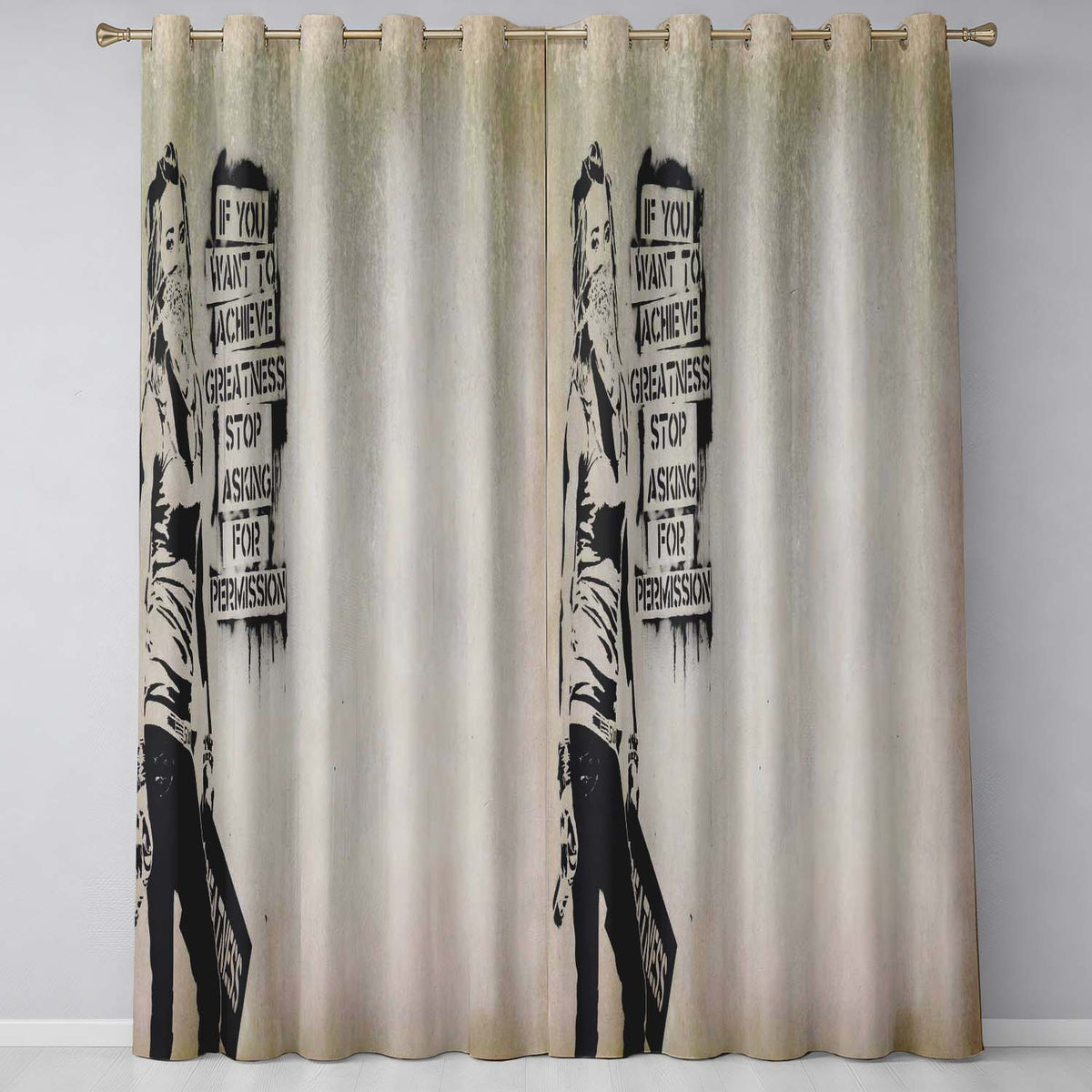 Masked Woman Motivational Quote Beige Urban Stencil Elegant Design for Home Decor Readymade Eyelet Ring Top Thermal 100% Blackout Curtains