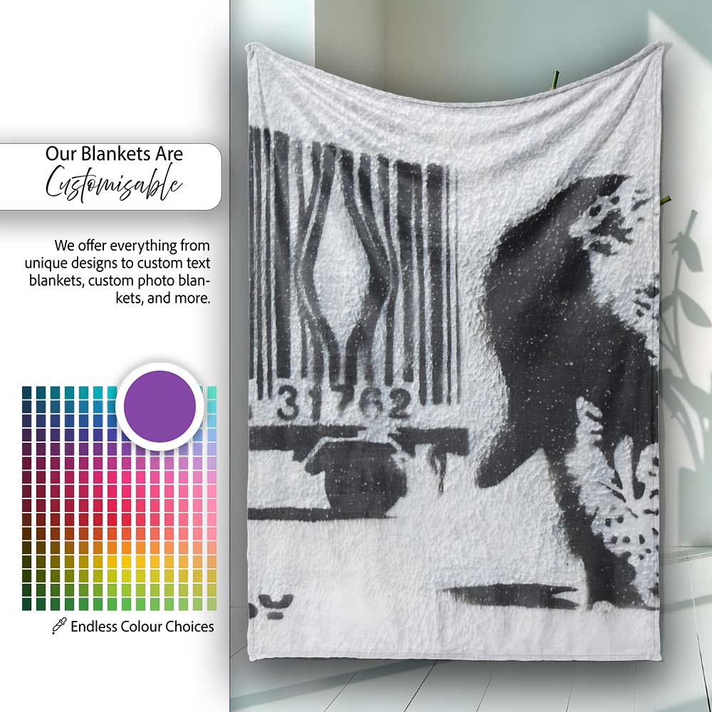 Black Rat with Barcode Monochrome Graffiti Stencil, All Season Comfort, Stylish Room Decoration - Super Soft Fleece Blanket Bed Sofa Throw