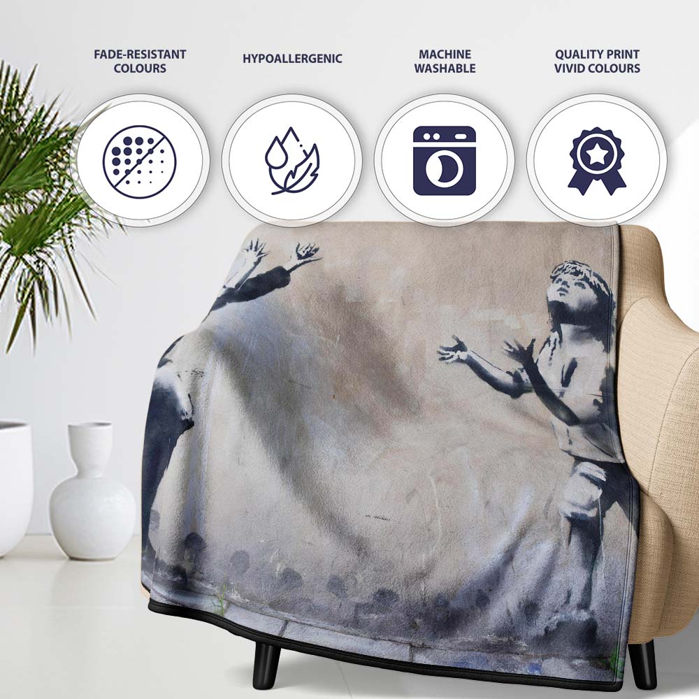 Children Reaching for Red Sign Satirical Street Art, All Season Comfort, Modern Interior Accent - Super Soft Fleece Blanket Bed Sofa Throw